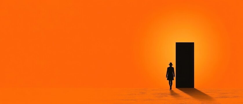Silhouette of a Woman Walking Towards a Mysterious Door Under an Orange Sky