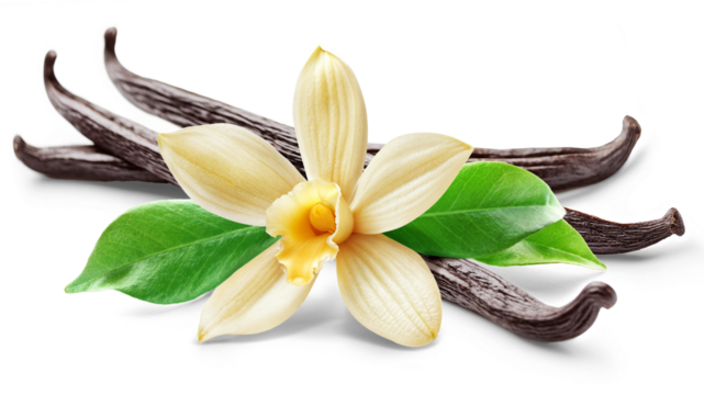 Vanilla flower with pods and leaves isolated on white background.