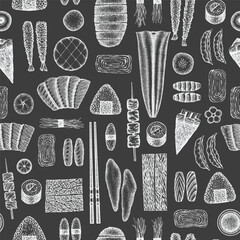 Japanese Cuisine Vector Seamless Pattern. Asian Dishes  Chalk Board Hand Drawn Background. Retro Japan Traditional Food Illustration.