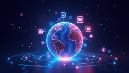 Obraz premium A glowing 3D holographic globe is surrounded by floating social media icons, interconnected with neon-lit digital data streams. concept of technology, social media, digital marketing.