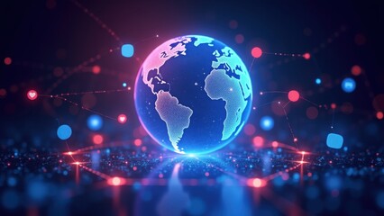 Fototapeta premium A glowing 3D holographic globe is surrounded by floating social media icons, interconnected with neon-lit digital data streams. concept of technology, social media, digital marketing.