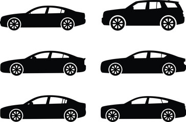 Car silhouette set, black vector illustration, sedan and SUV profiles, automotive design comparison, vehicle shapes, transport icons, side view