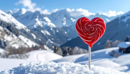 Heart-shaped lollipop in snowy mountains