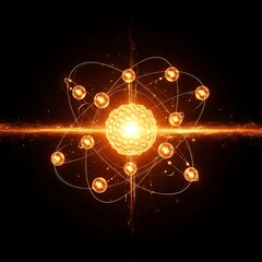 A glowing, vibrant representation of an atom, featuring multiple orbiting particles, radiating a warm orange hue against a dark background.