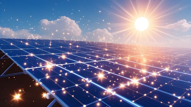 Modern eco-friendly technology design showing glowing holographic solar panels generating sustainable energy
