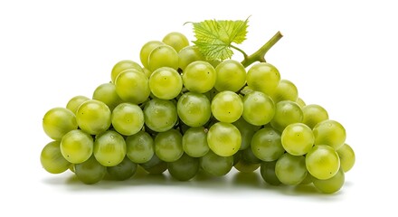 Fresh green grapes, glistening with moisture, are displayed against a pure white background.