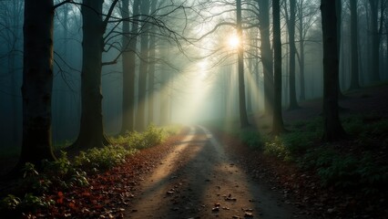 Fototapeta premium A winding dirt trail cutting through a dense, misty forest, designed for trail running. The early morning fog adds a mysterious and tranquil ambiance