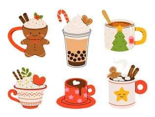 Christmas and Happy New Year set of drinks. Mugs and cups of hot coffee, punch, cacao with whipped cream, marshmallow and candy cane. Greeting card for Xmas, New year or winter holidays design.