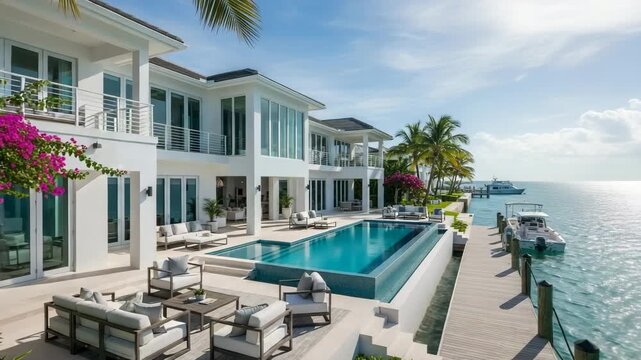 Beachfront luxury mansion with infinity pool, palm trees, private yacht dock, tropical summer, modern coastal home, blue sky, ocean view, high-end real estate