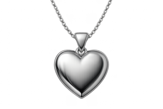 Silver heart pendant on necklace chain with transparent background
