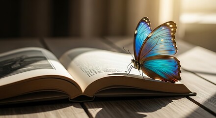 A vibrant blue butterfly rests gracefully on the open pages of a book, bathed in warm sunlight.