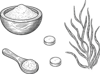 Natural health supplement illustration, seaweed powder and tablets, black and white organic nutrition vector, herbal remedy graphic for wellness use