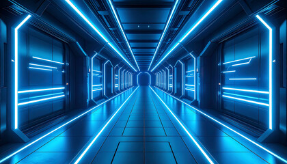 A futuristic, symmetrical corridor illuminated with bright blue neon lights, creating a sense of depth and technological advancement.
