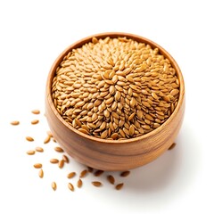 Flax seeds in wooden bowl isolated on white background