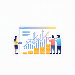 Illustration of business growth with people analyzing data and coin stacks.
