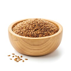 Flax seeds in wooden bowl isolated on white background
