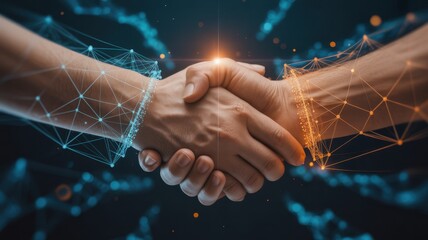 Digital Partnership: Two hands clasped in a firm handshake, intertwined with digital networks. Represents collaboration, agreement, and partnership in a modern, technological context.