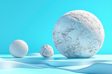 Textured white spheres on wavy blue surface with minimalist aesthetic and geometric contrast in modern abstract composition