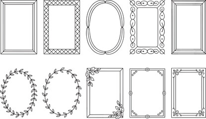 Decorative frame set with floral, geometric, oval, and rectangular borders, black and white vector design for creative layout use