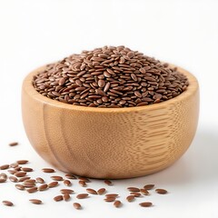 Flax seeds in wooden bowl isolated on white background