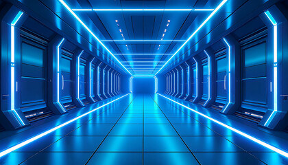 Fototapeta premium Futuristic interior with nobody present, empty corridor bathed in vibrant neon blue light, a symbol of technology