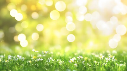 Obraz premium A vibrant field of small white flowers rests on a bed of lush green grass, bathed in the warm glow of sunlight, creating a cheerful and tranquil scene.
