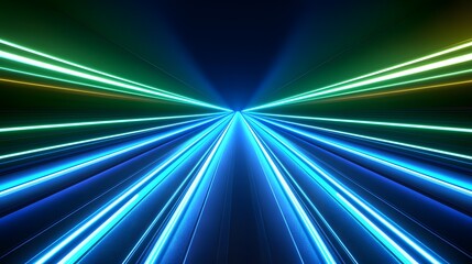 A dynamic, futuristic scene with vibrant, neon-like light streaks converging on a central point, creating a sense of speed and motion.