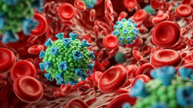 Microscopic view of zika virus particles floating alongside red blood cells in the bloodstream