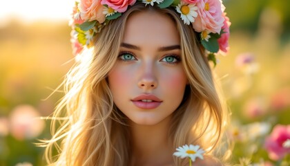 Fototapeta premium Beautiful woman with flower crown posing outdoors in natural light portrait photography.