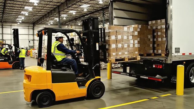 Forklift transporting pallets of packaged goods into the back of a delivery truck, operated by a man wearing safety vest and hardhat in a warehouse.