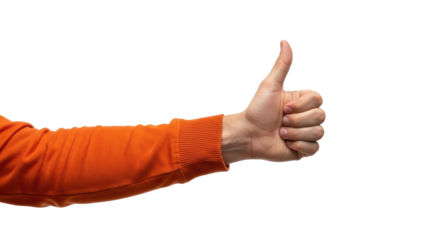 Isolated hand arm gesturing thumbs up signal in an orange sleeve with neutral skin tone