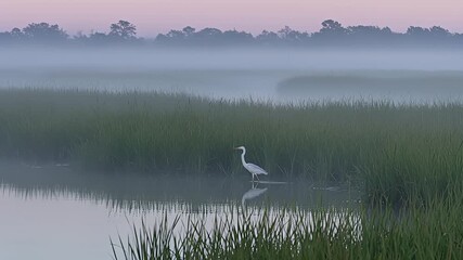 Egret stands reflected in misty marsh - Powered by Adobe