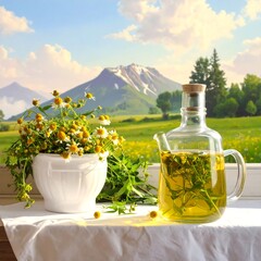Herbal tea by window with mountain view