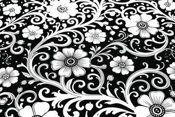 Black and white floral pattern, decorative flower design, seamless textile background, elegant botanical illustration, ornamental vines artwork, vintage wallpaper style