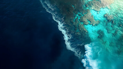 Ocean Aerial View, Turquoise Waters, Coastal Landscape, Deep Blue Sea and Rock Formations, Breathtaking Seascape, High Angle View of Waves Crashing on Rocky Shore, Natural Beauty of Seashore, Vivid