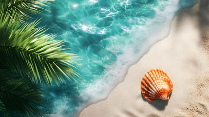 Tropical Beach Seashell Paradise Azure Ocean Waves Palm Tree Sandy Coastline Serene Seashell close-up on creamy sand by the clear sea with soft palm fronds ideal for a calming summer vacation