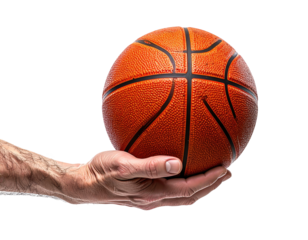 A hand holds a basketball against a black background (3)