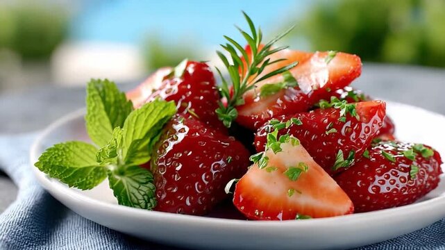 Strawberry Delight: A close-up shot of freshly sliced strawberries garnished with fresh herbs, artfully arranged on a white plate against a soft, diffused background. Showcasing the essence of summer.