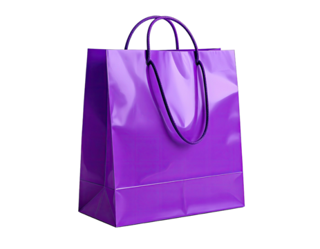 Vibrant purple shopping bag, glossy finish, simple design, and handles