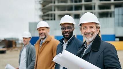 Construction workers stand together at an urban building site holding blueprints and smiling. They show teamwork and dedication while overseeing the project development in a bustling environment - Powered by Adobe