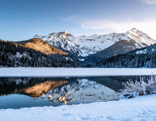 Firefly frozen lake mirrors snowy mountains in a peaceful winter landscape Generative AI