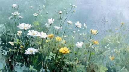 Oil Painting of White and Yellow Wildflowers on white background 