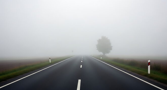 A lonely, fog-shrouded road stretches into a hazy landscape, showcasing a solitary tree in the center of the image.