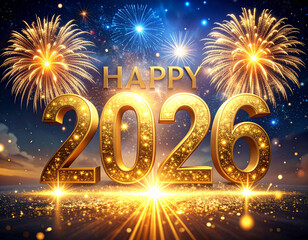 Firefly Happy New Year celebration shines bright with golden letters and fireworks Generative AI