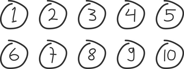 Hand Drawn Numbers 1 to 10 in Circles Isolated on White