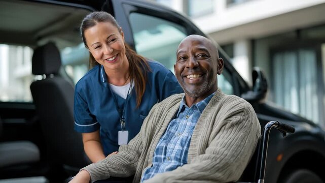 A caregiver smiles while helping an elderly man in a wheelchair as they prepare to enter a modern building on a sunny afternoon. The atmosphere is joyful and caring