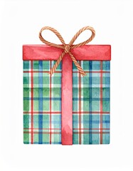 Watercolor Plaid Gift Box Tied with Jute Twine on White Background