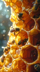 Honeycomb with busy bees