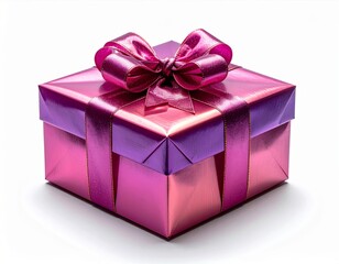 Pink And Purple Gift Box Wrapped With Matching Ribbon On White Background
