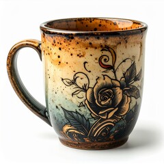 Ceramic Mug with Rose Tattoo Design in Earth Tones on White Background